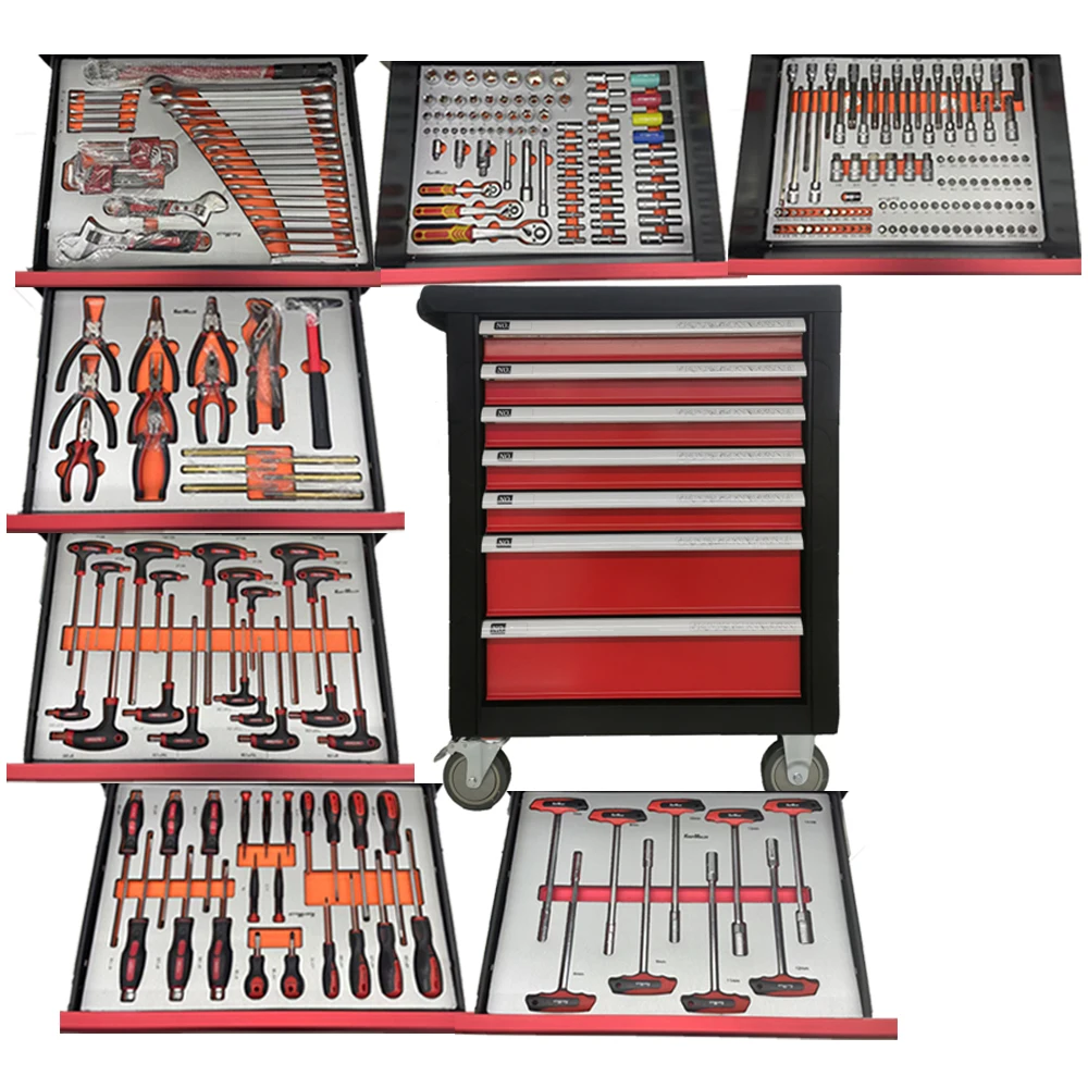 Certified 7-Drawer Cold Rolled Steel Tool Cabinet With Key Lock OEM Available 3-Year Warranty-296-Piece Mechanical Tool Set