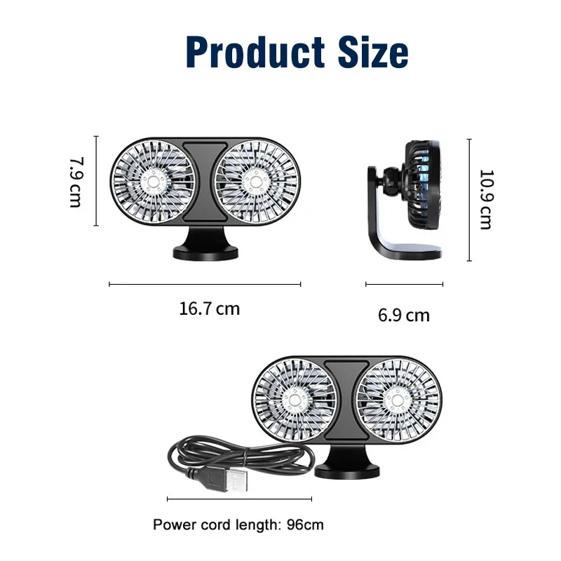 EAFC Car Cooling Fan Double-Head Low Noise 5V USB Electric Car Cooler 360° Rotating Car Air Outlet Dashboard Fan Electrical