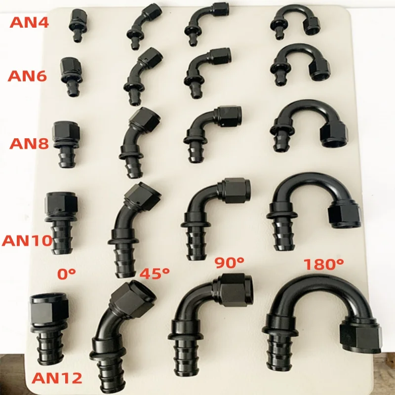 

Uuiversal Aluminum AN4 AN6 AN8 AN10 AN12 Car Oil Fuel Fitting Oil Fuel Push On Hose 0 90 45 180 Degree Connection Adapter Black