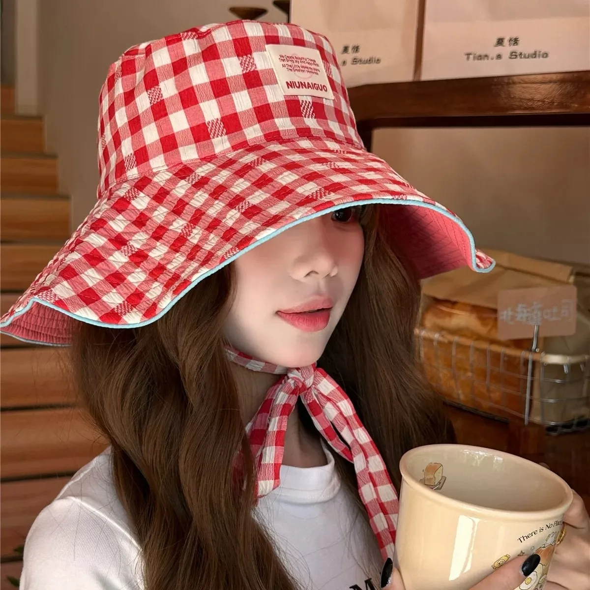 

Large Brim Buet Hat Casual Plaid Windproof Summer Hat Face Slimming Wide Fiing Cap Sun Protection Cute id Design