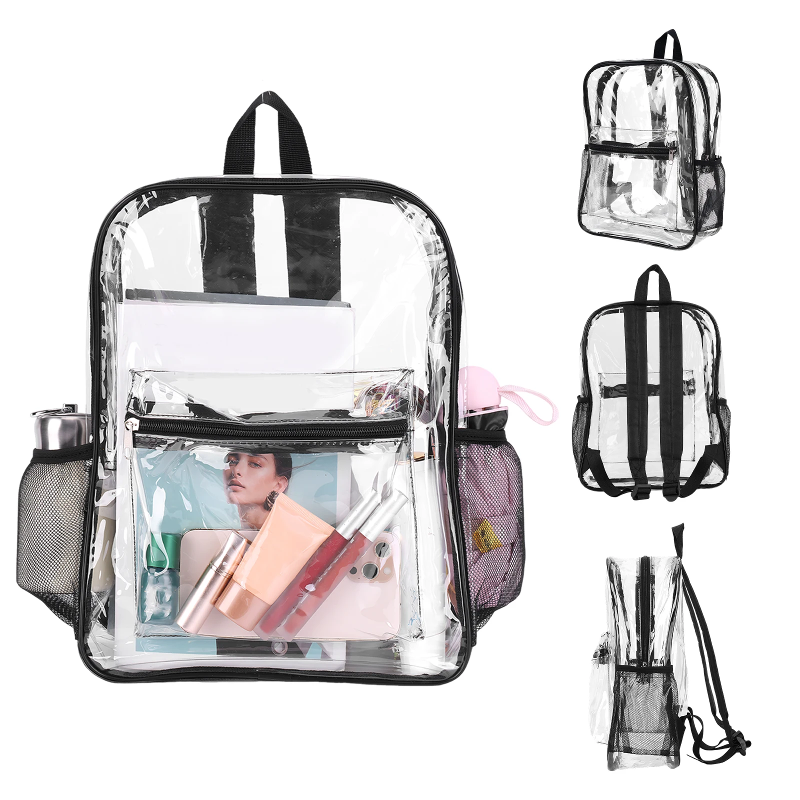 

50 Pack PVC Through Bags with Pockets 15 Inch Transparent Backpack for College Travel Sport Work Stadium Approved