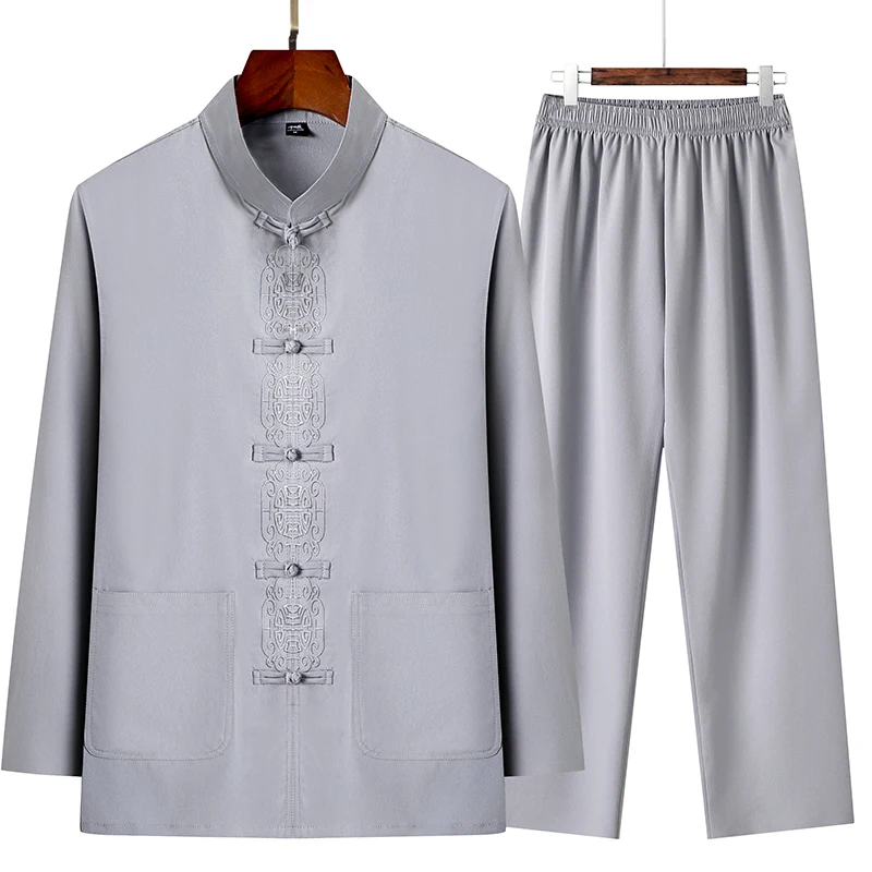 2 Pcs/Set Men Tang Suit Set Chinese Traditional Clothes Hanfu Elastic Waist Wide Leg Soft Mid-aged Men Shirt Trousers Sets