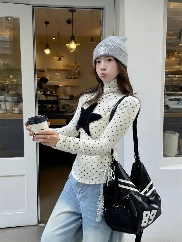 Y2K Polka Dot Tshirt Women Retro Sweet Pile Collar Long Sleeve Korean Style Age Reducing Slimming Top