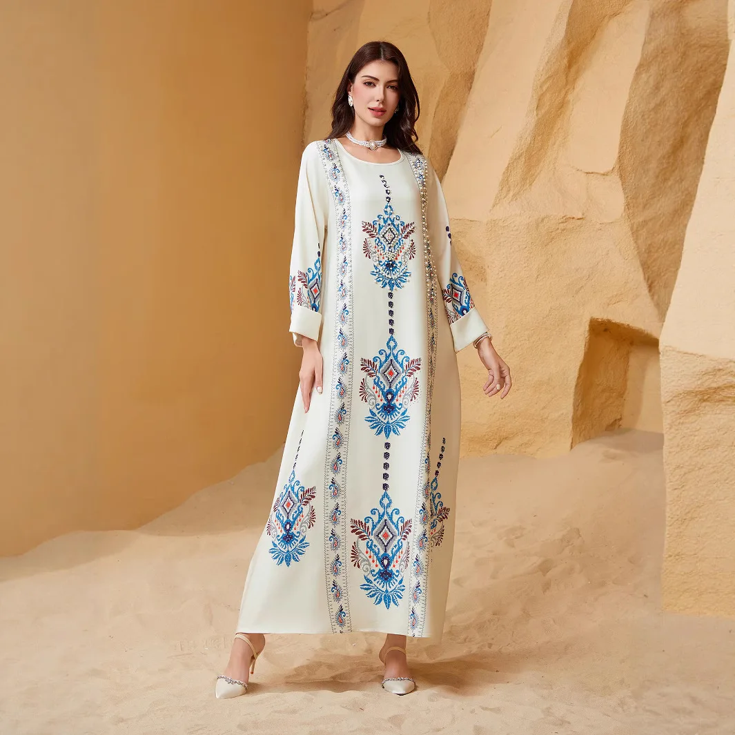 

Zd040 Women's Printed Robe Dress Linen Muslim's 2026 Muslim Long Dress Robe Abaya Ramadan Dubai Luxury Islam Elegant