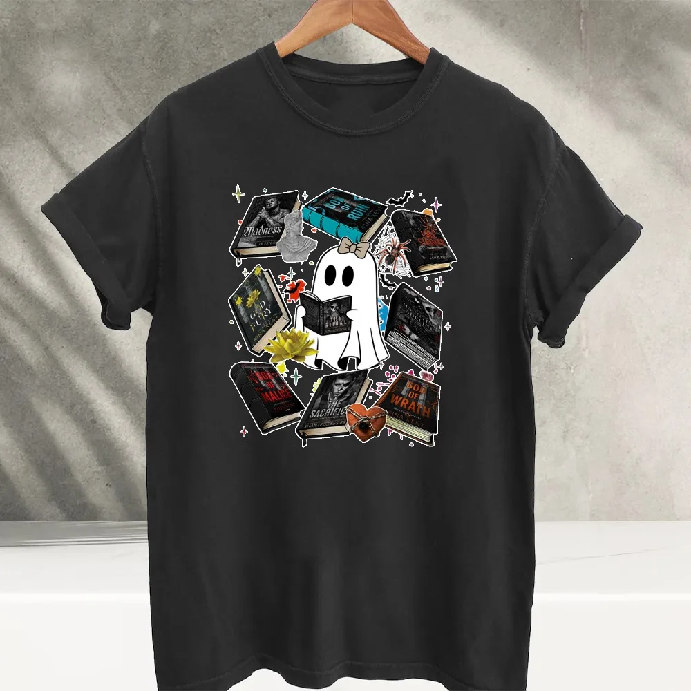 Ghost Reading Spicy Books T-Shirts Dark Romance Apparel Book Lover Gifts Halloween Reading Readers Apparel Cotton T-shirt Tops