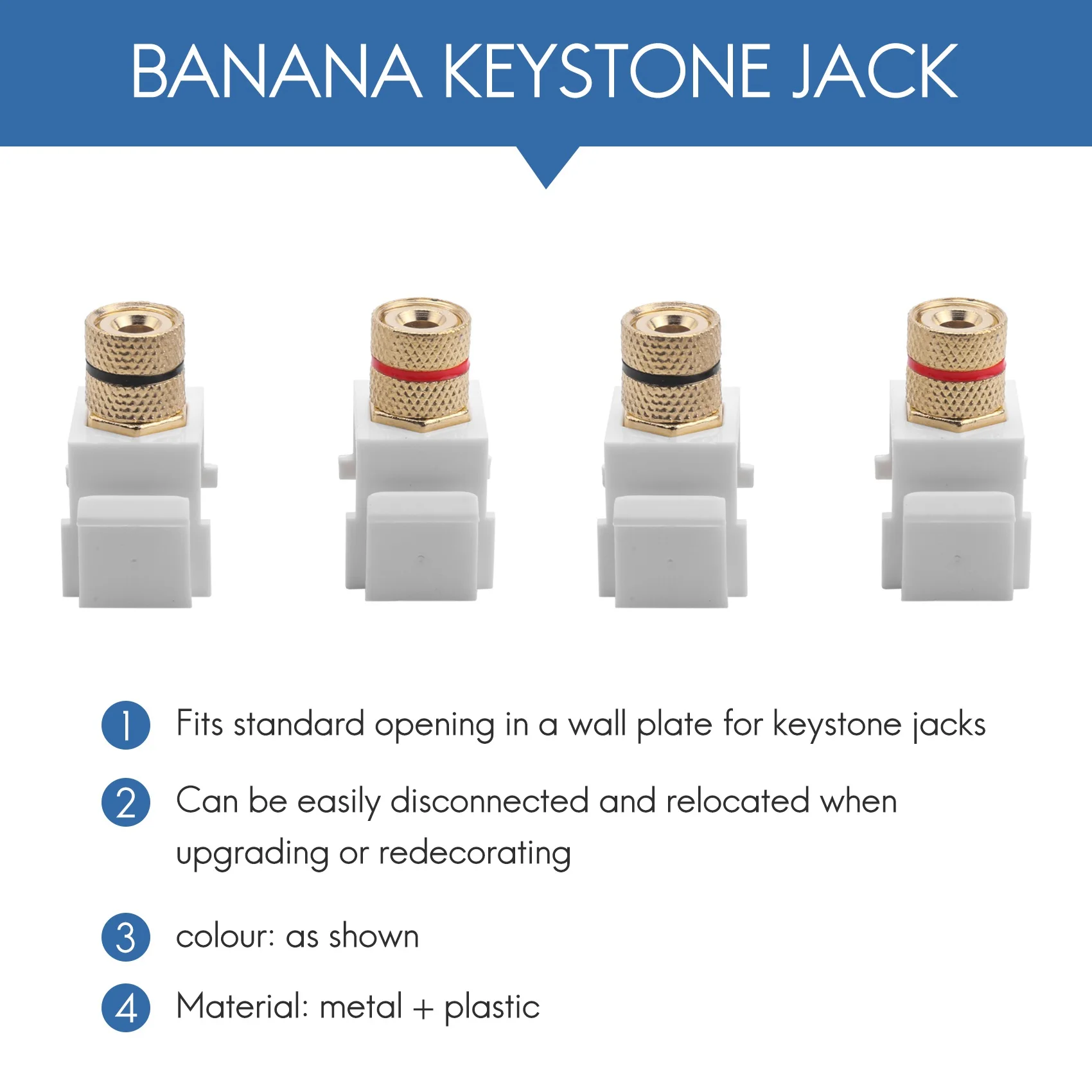 Conector Keystone Banana Snap-in para altavoz, blanco, 10 unidades
