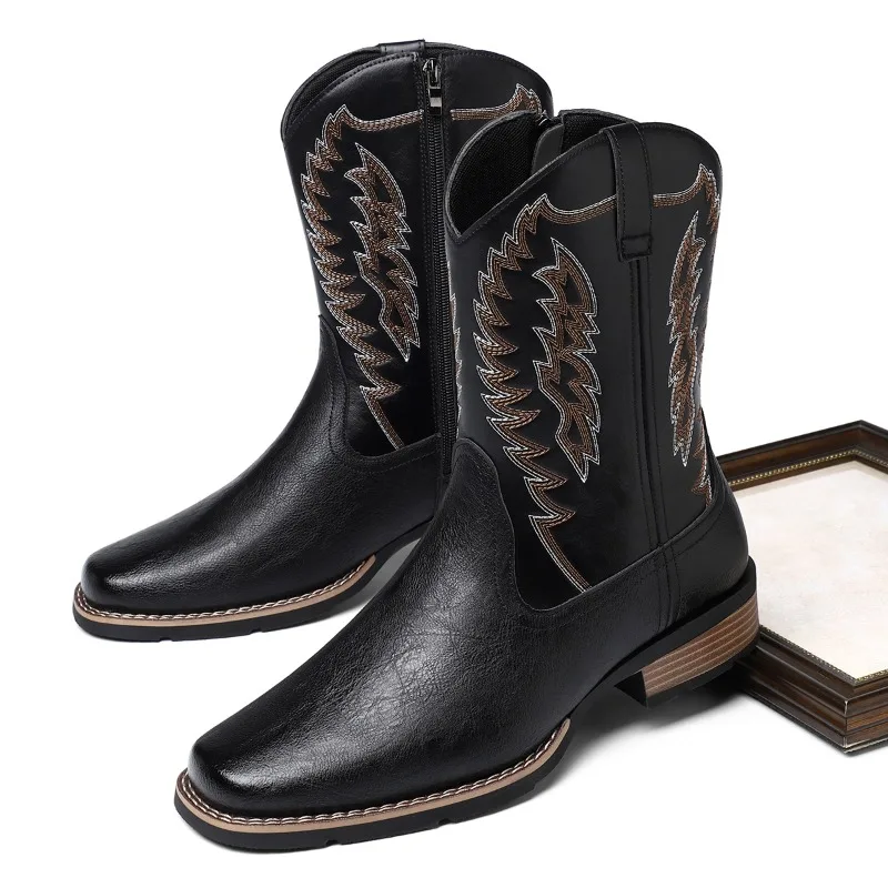 

Men's Western Boots Fashion Mid-calf Cowboy Boots Retro Handmade Embroidery High-top Boots Men Casual Leather Boot Knight Botas