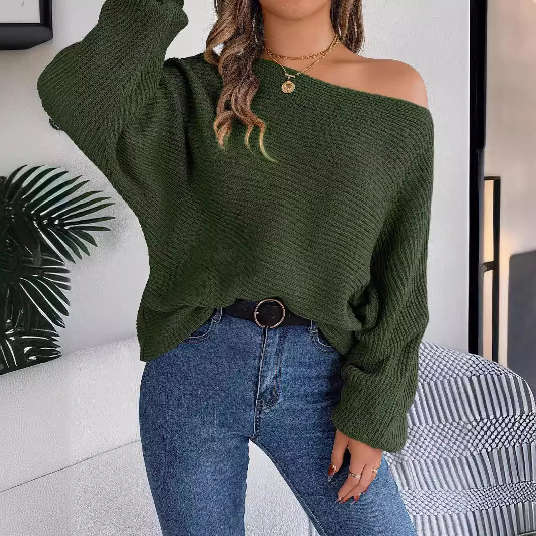 2024 women\'s sweater real shot autumn and winter casual loose one shoulder long sleeved solid color bat sleeve pullover sweater