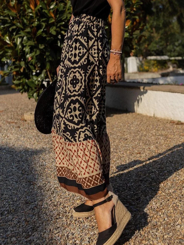 

Autumn New Woman Skirts Elegant Beach Style Printed Large Swing and Floor Gothic Long Skirt Femme Casual Ruffle Skirt Streetwear
