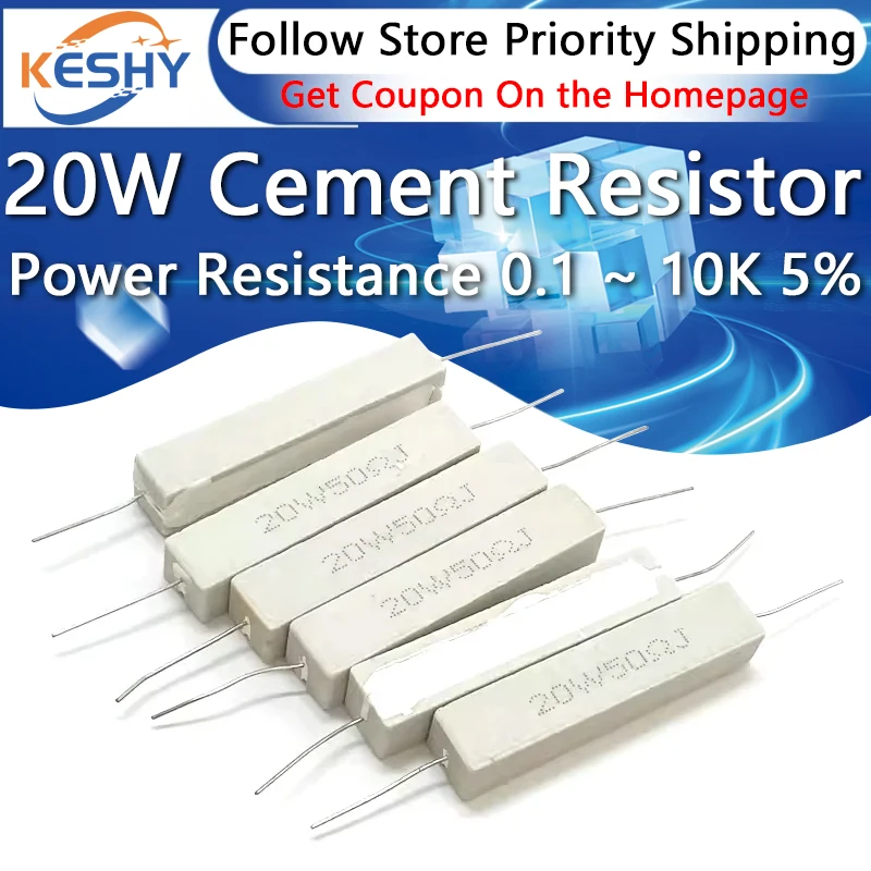 2PCS 20W 5% Cement Resistor Power Resistance 0.1R-10K 0.47 1 1.5 2.2 2.5 3 4.7 5.1 6 10 22 24 33 47 100 1.8K 2.2K 4.7K ohm