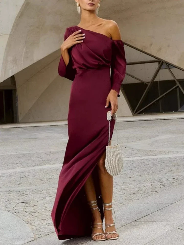

Temperament High Waist Solid Pleated Maxi Dress Sexy Slash Collar Slim Banquet Dress Elegant Long Sleeve Women's Wrap Hips Dress