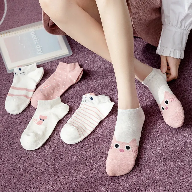 5 Pairs Womens Socks Kitty Crew Short Socks Creative Printing Socks Cartoon Cute Kitten Ankle Sock