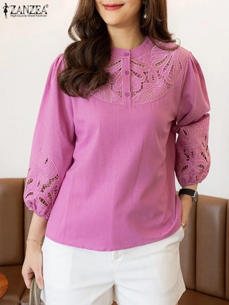 

ZANZEA Women Blouse Elegant Office Lady Lace Patchwork Shirts 2025 Autumn Puff Sleeve Buttons Casual Loose Tunic Streetwear Top