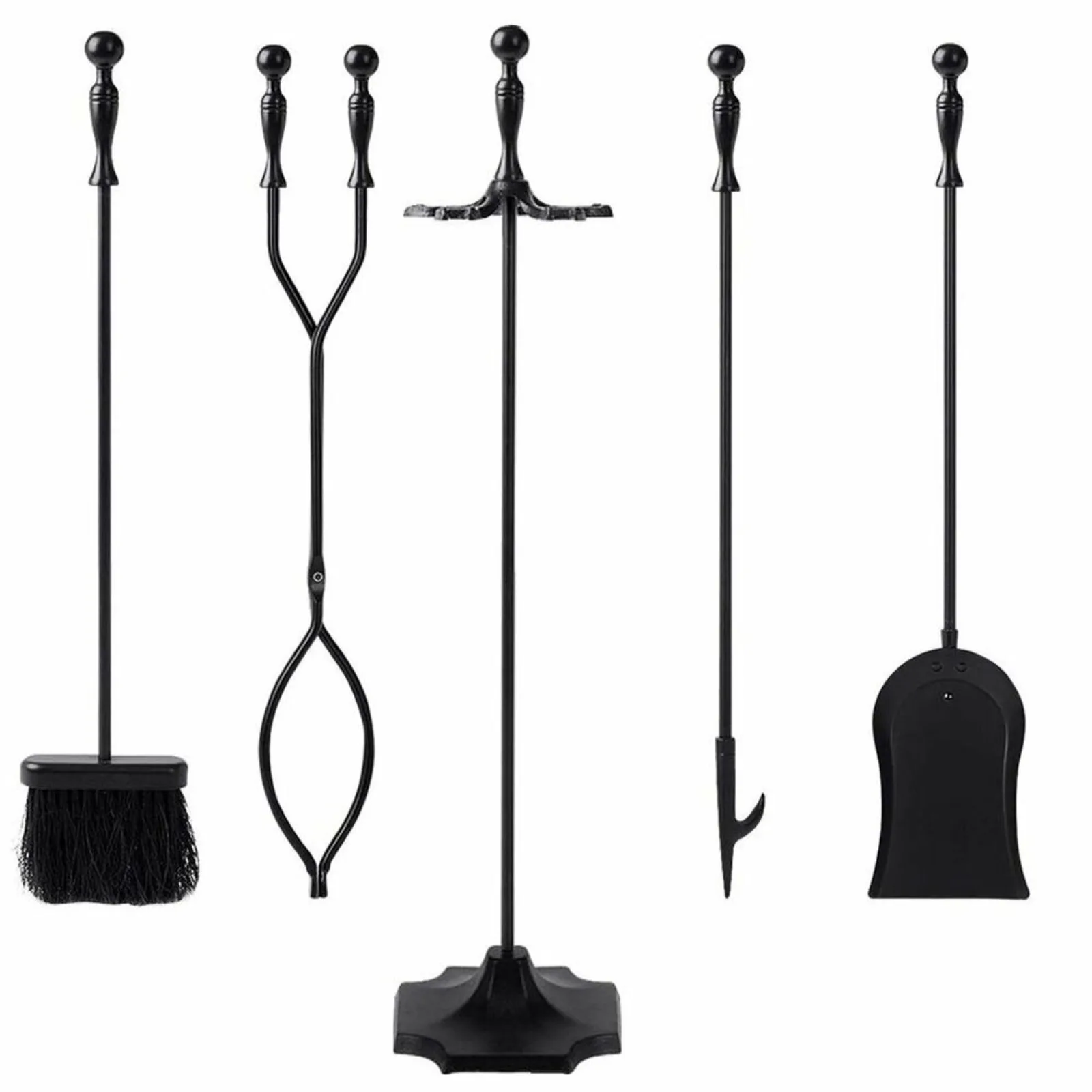 US Black Wrought Iron Fireplace Fire Pit Tool Set 5 Piece Poker Shovel Brush-