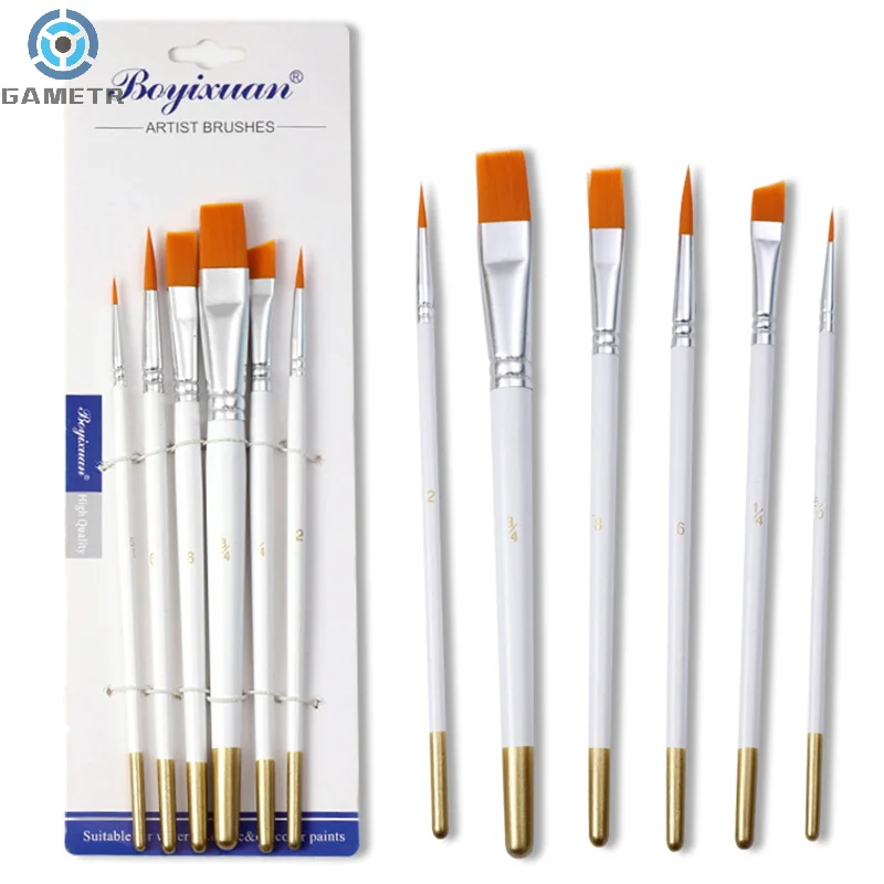 6 Wooden Pearlescent White Pole Gold-tailed Student Art Set Brush Nylon Acrylic Oil Paintbrushes