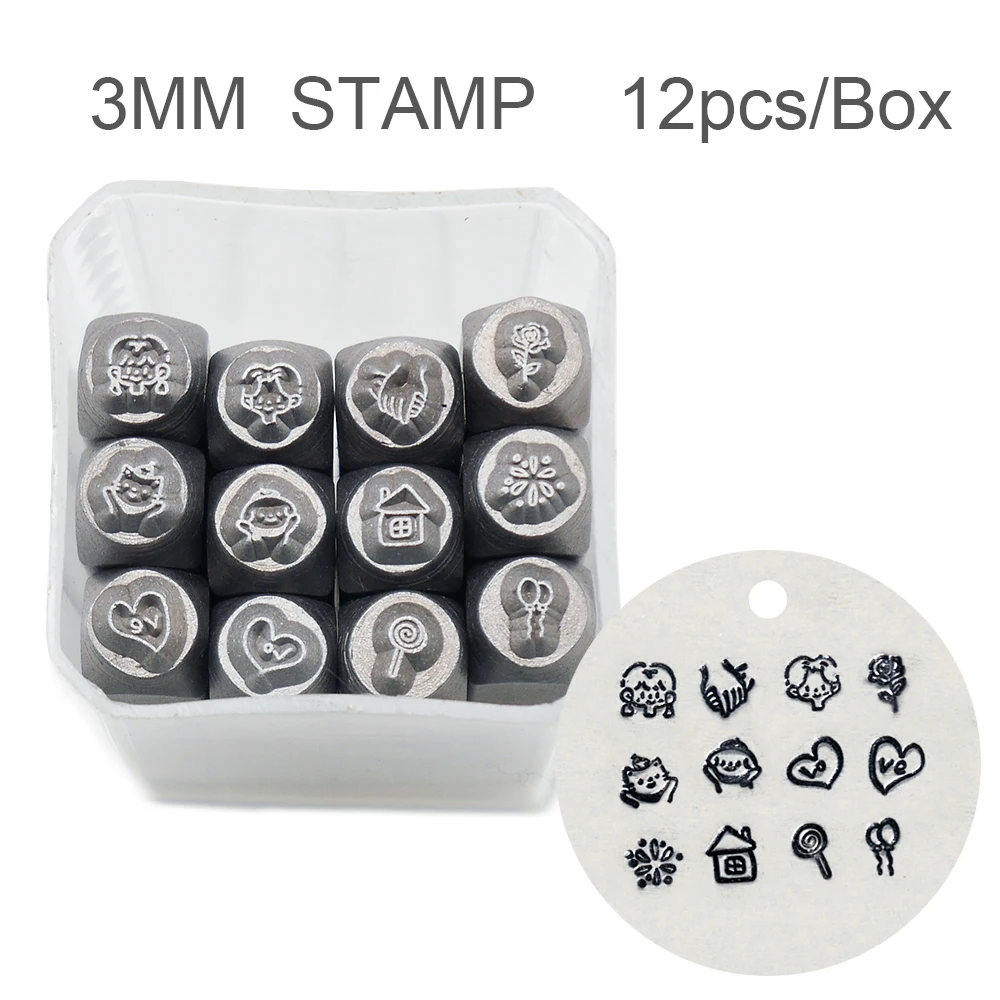 RCIDOS-Steel Punch Stamp, Love Heart, Hand in Hand, Lollipop, Flower Design, Metal Jewelry, 3mm, 12Pcs Box