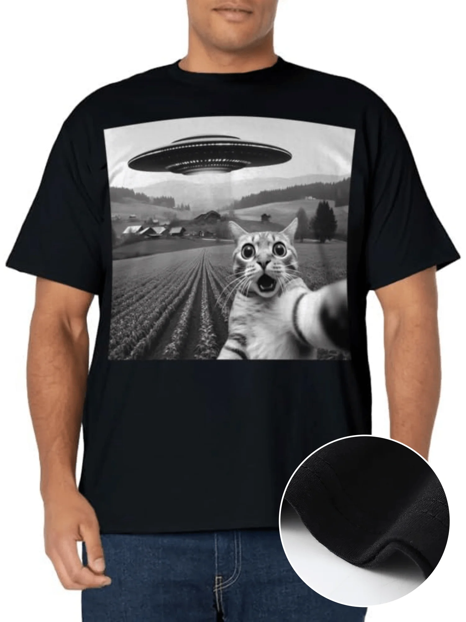 Cat and UFO Humorous And interesting Printed Mens Pure Cotton T-shirt Top Daily Street Fashion Funny And Comfortable T-shirt-JCS