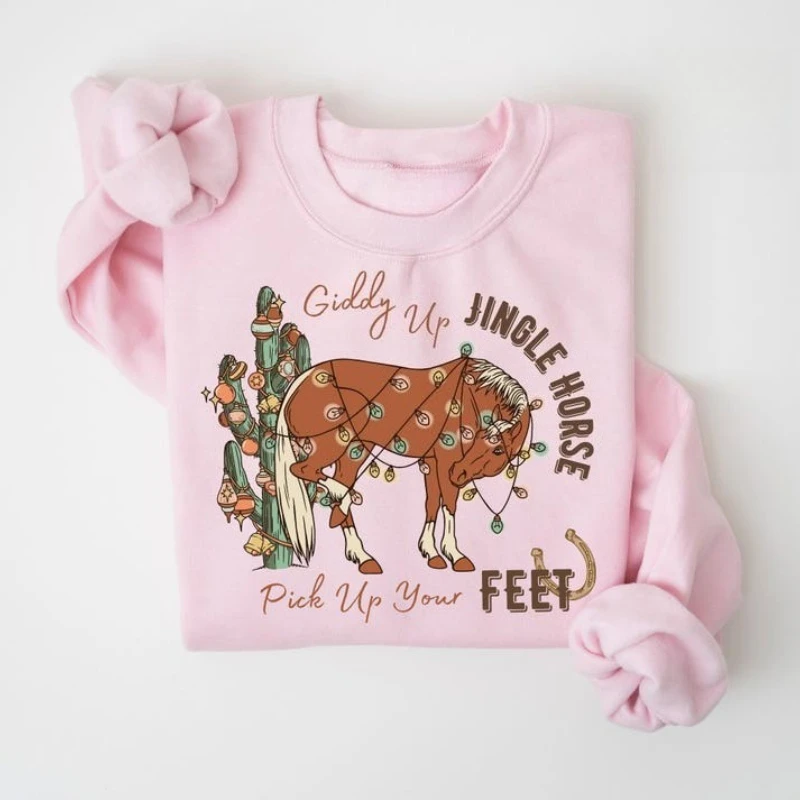 Giddy Up Jingle Horse Noël Western Cowgirl Col rond Vacances de campagne pour fille Cadeau de Noël Sweat-shirt cheval du zodiaque chinois