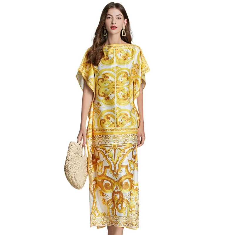 TRAF Summer Runway Vacation Yellow and White Porcelain Print Long Loose Women\'s Batwing Sleeve Side Split Maxi Kaftans Dresses