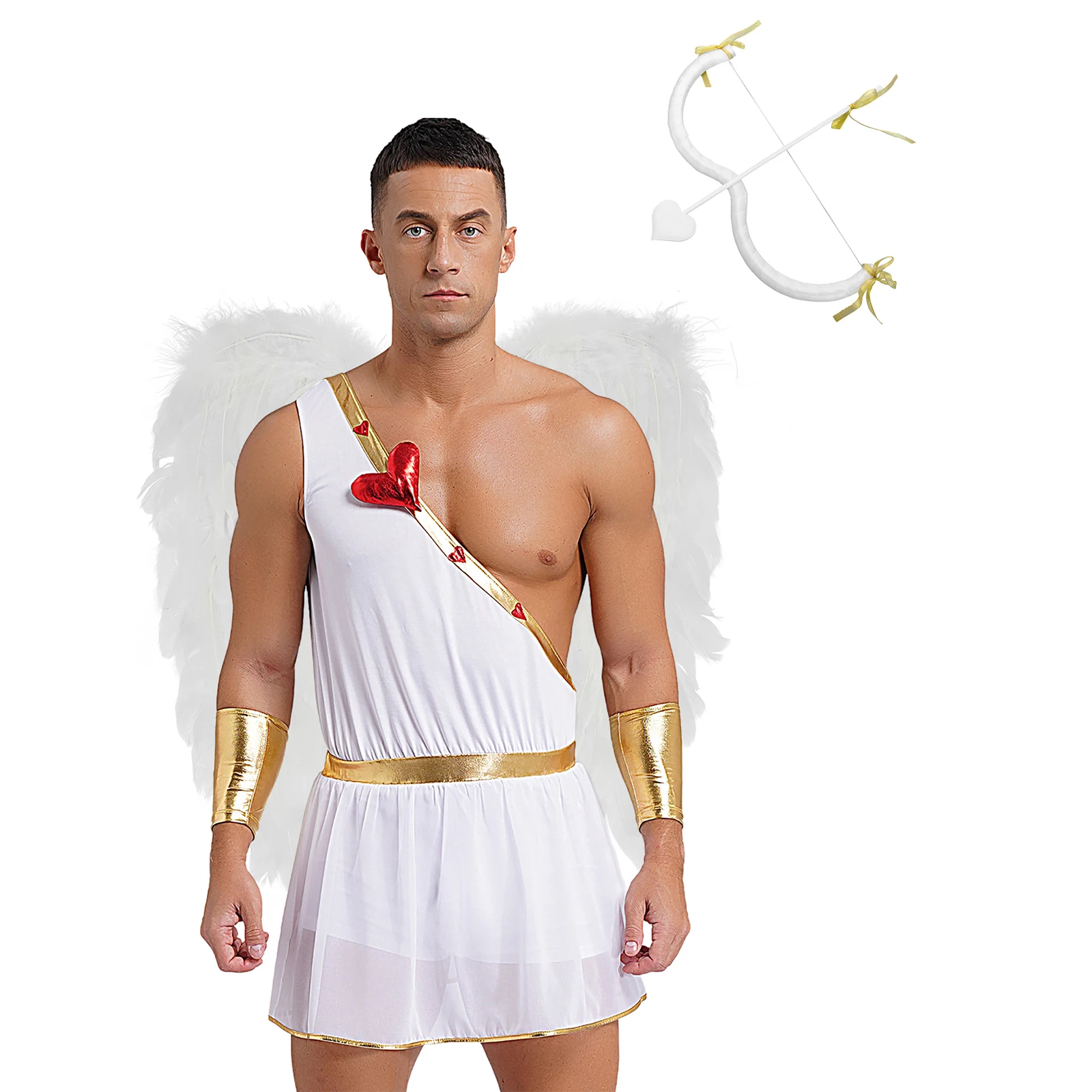 

Cupid Cosplay Uniform Mens Heart-shaped One Shoulder Romper Bodysuit with Detachable Cuffs And Feather Wings Bow Arrow Set