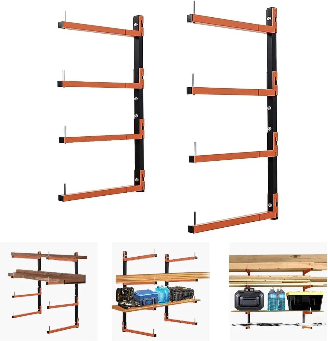 2er-Pack Wandmontiertes Schwerlast-Holzlagerregal, klappbares Metall-Holzregal mit 4 Ebenen für bis zu 520 Pfund schweres Material