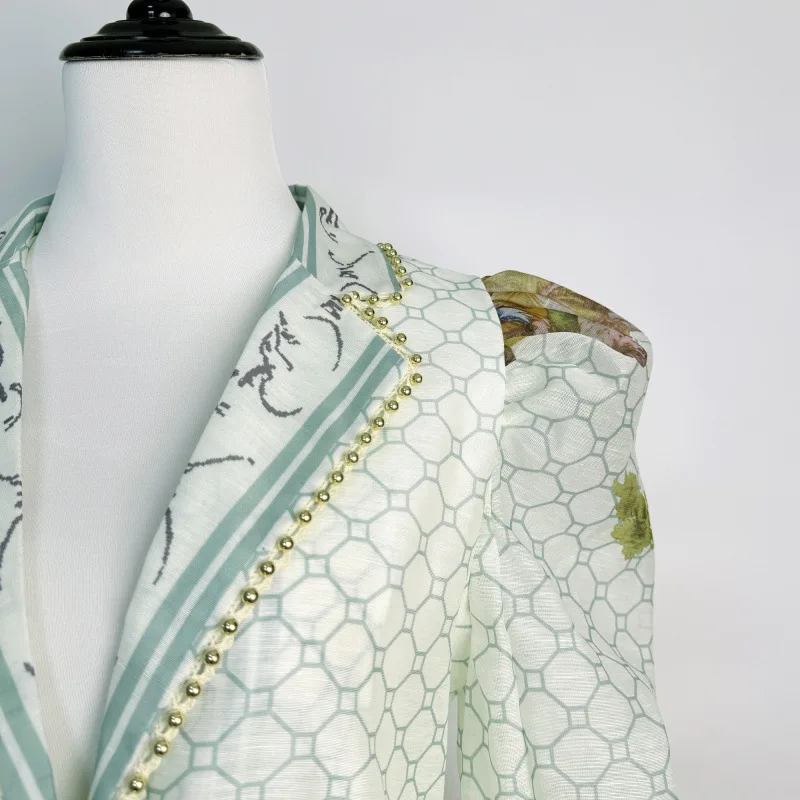 Ele Long Pearl Trim V-Ne Dr Street Sle mid Waist Print Lantern Sve Single Button Luxury Maxi Skirt for Women