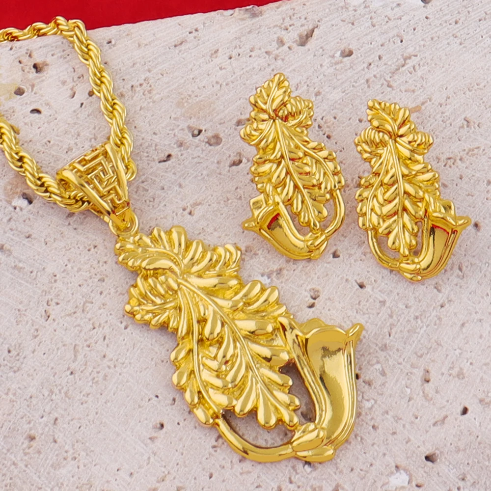 

Saudi Arabia Gold Color Jewelry Set Dubai Women Luxury Long Chain Morning Glory Shape Earring For Party Dating Gift Wholesale