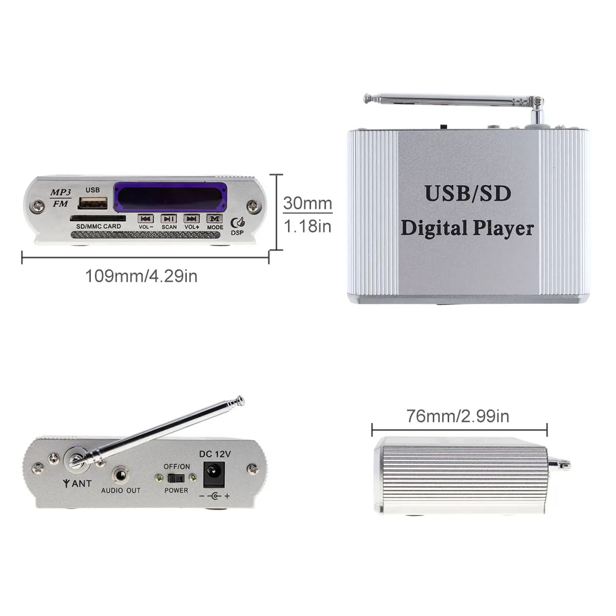 Universal Motorcycle Power Car Amplifier LED Level Display Support MP3 / FM / SD / USB Audio Player