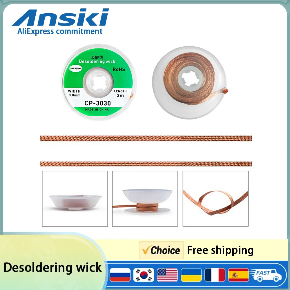 

Ansiki Desoldering Wick 3M length Desoldering Mesh Braid for Solder Remover Wick Welding Tin Sucker PCB BGA Soldering Tool