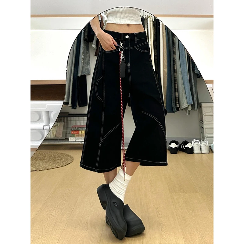 

PBAP Женские черные джинсовые шорты большого размера в стиле ретро с карманами-карго со швами, повседневные широкие мешковатые джинсы с высокой талией, летняя рабочая одежда