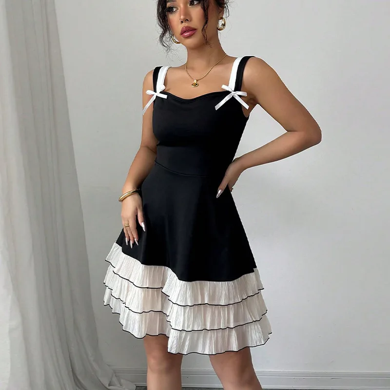 2025 Women's Fashion Summer New Strap Dress Color Block Multi-layer Cake Dress Prom 2025 Summer Dress Robe Vestido Women Elegant