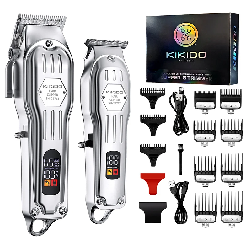 KIKIDO 2 in 1 Full Metal Combo Kit Barber Hair Clipper For Men Professional Electric Beard Hair Trimmer Rechargeable Haircut