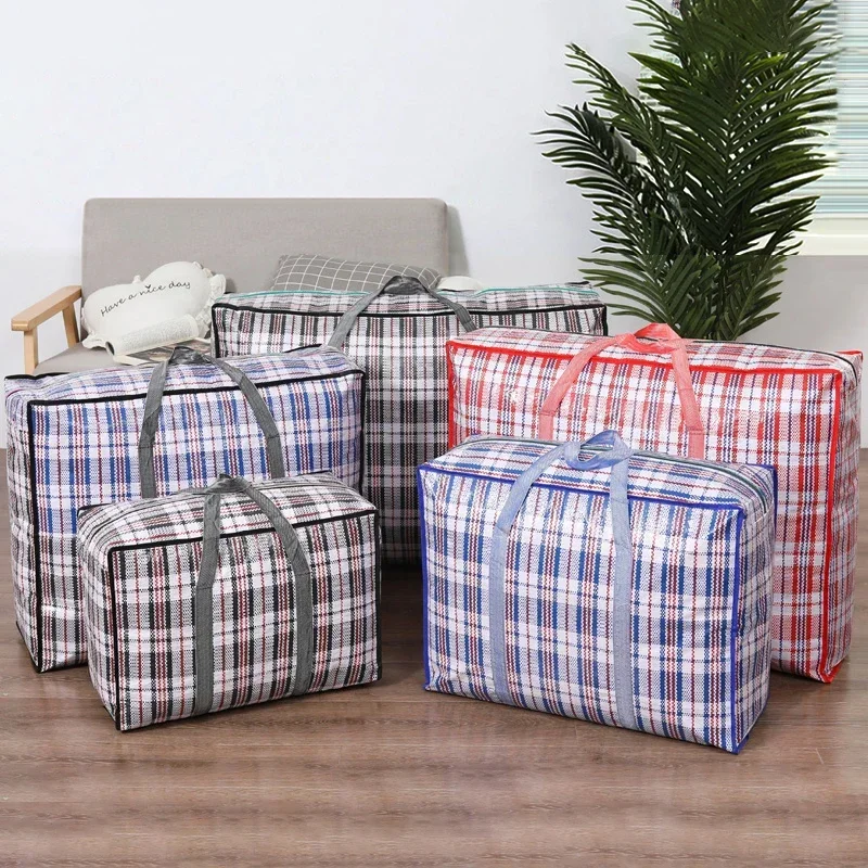 Stripe Woven Bag Large Capacity Storage Moving Bags Clothes Quilt Blanket Luggage Packing Package Zipper Tote Home Organizer