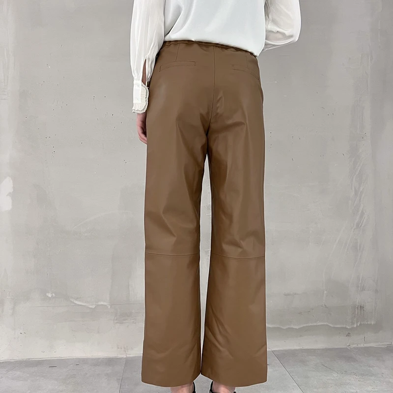 Real Leather Pants for Women High Quality Sheepskin Elastic Waist Straight Flared Trousers Brown Versatile Pants Pantalon Femmes