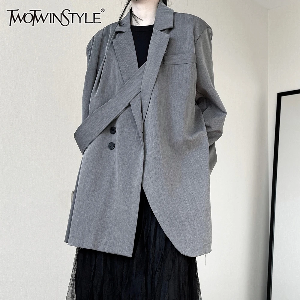 

TWOTWINSTYLE Irregular Designer Solid Blazer For Women Notched Collar Long Sleeve Loose Spliced Button Elegant Coat Female 2024