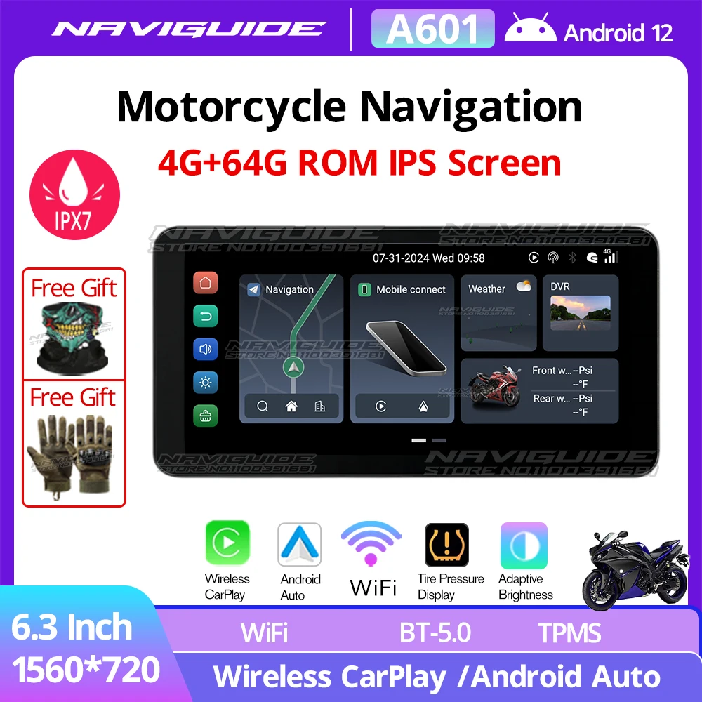 NAVIGUIDE A601 6.3 ''Android 12 bezprzewodowy Carplay Auto Moto nawigacja wodoodporny ekran przenośny monitor motocyklowy 4G Wifi BT