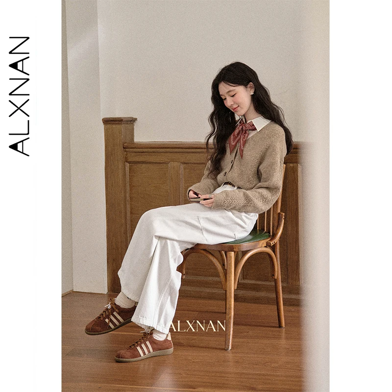 Alxnan jeans feminino branco de cintura alta perna larga em linha reta algodão 100% jeans outono casual senhora do escritório calças largas l569165