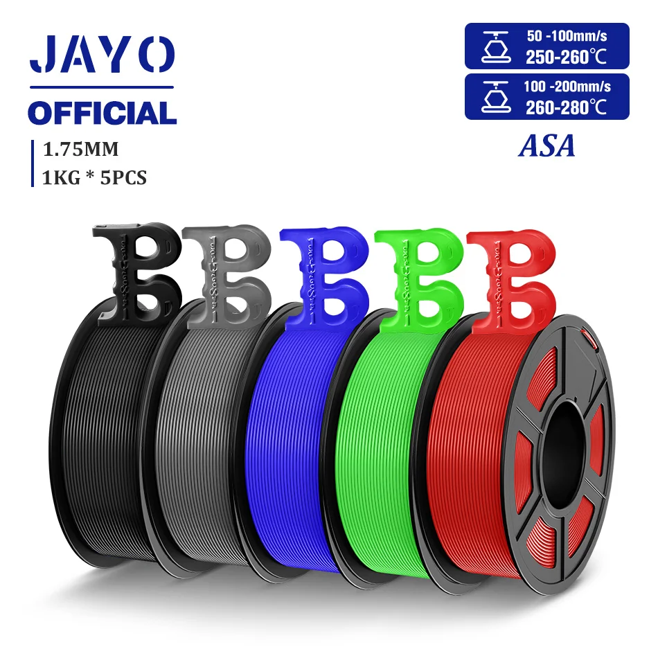 

JAYO ASA Filament 1.75mm 3D Printer Filament ASA 5Rolls/set UV/Rain/Heat Resistant Tough 3D Filament 1KG For FDM 3D Printers