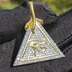 Hip Hop 3A+ CZ Stone Paved Bling Iced Out The Eye of Horus in Pyramid Pendant Necklace for Men Rapper Jewelry Gold Silver Color