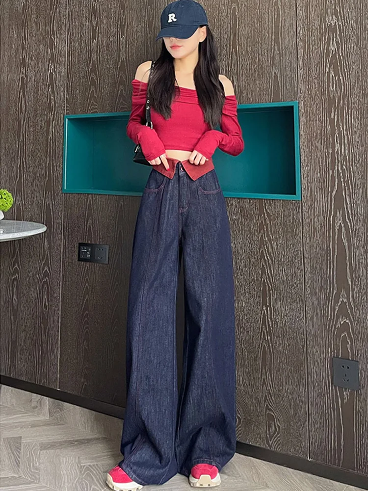 Pantalones vaqueros de pierna ancha de cintura alta para mujer, Vaqueros holgados de estilo americano para primavera y otoño, Pantalones rectos adelgazantes hasta el suelo de talla pequeña