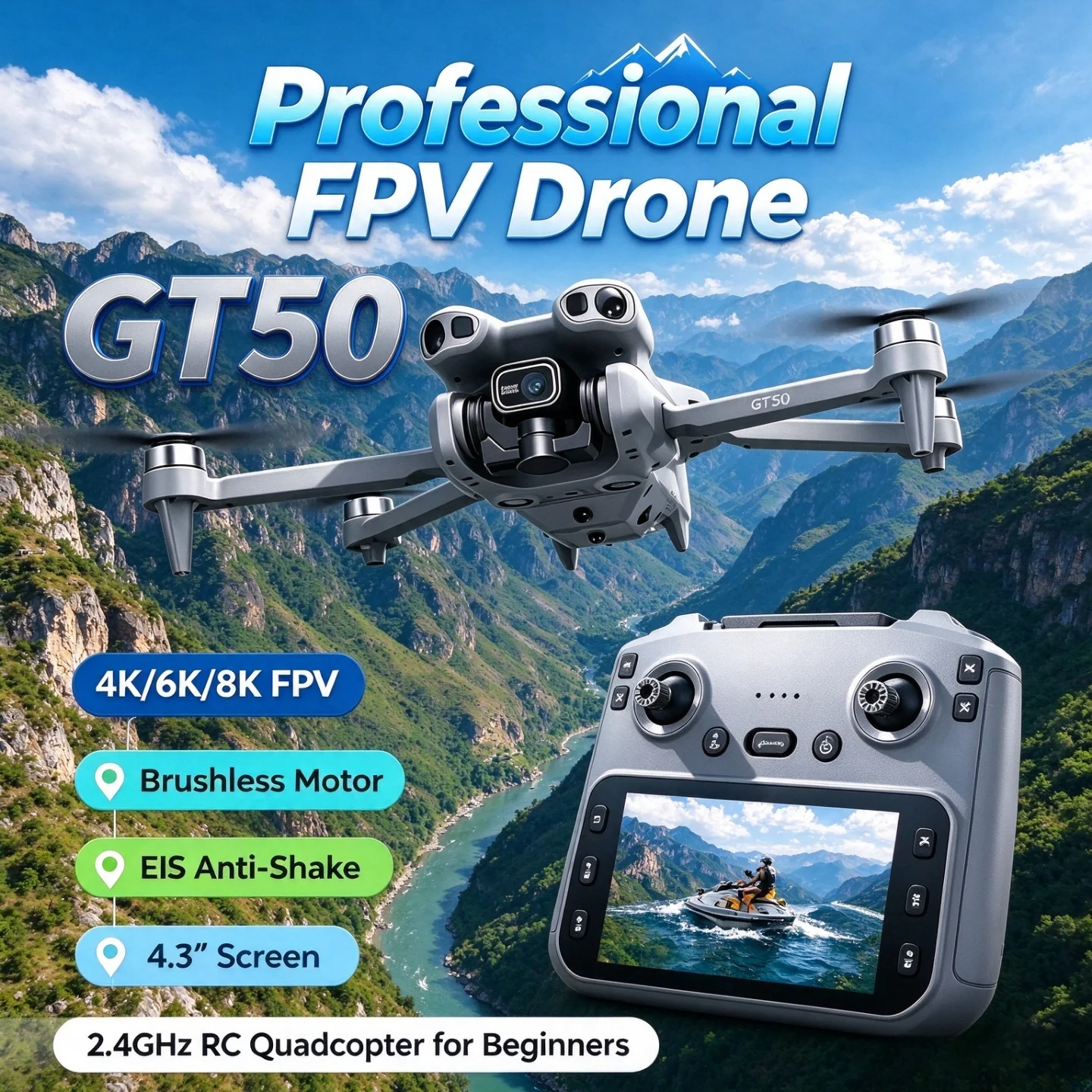 GT50 Brushless Motor 4K/6K/8K FPV Drone with Dual HD Camera – 4.3