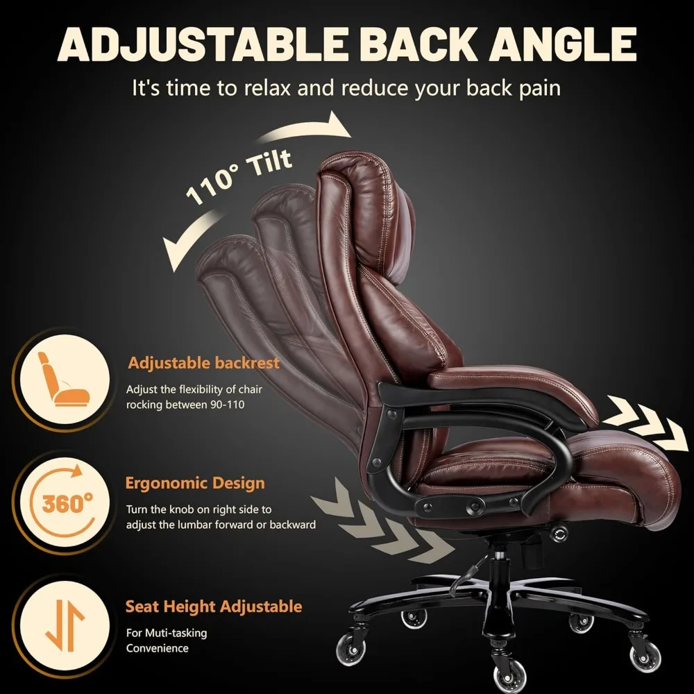 كرسي مكتب تنفيذي 600 رطل كبير وطويل، كراسي مكتب جلدية مع دعم قطني قابل للتعديل، كرسي مكتب تنفيذي هادئ #6