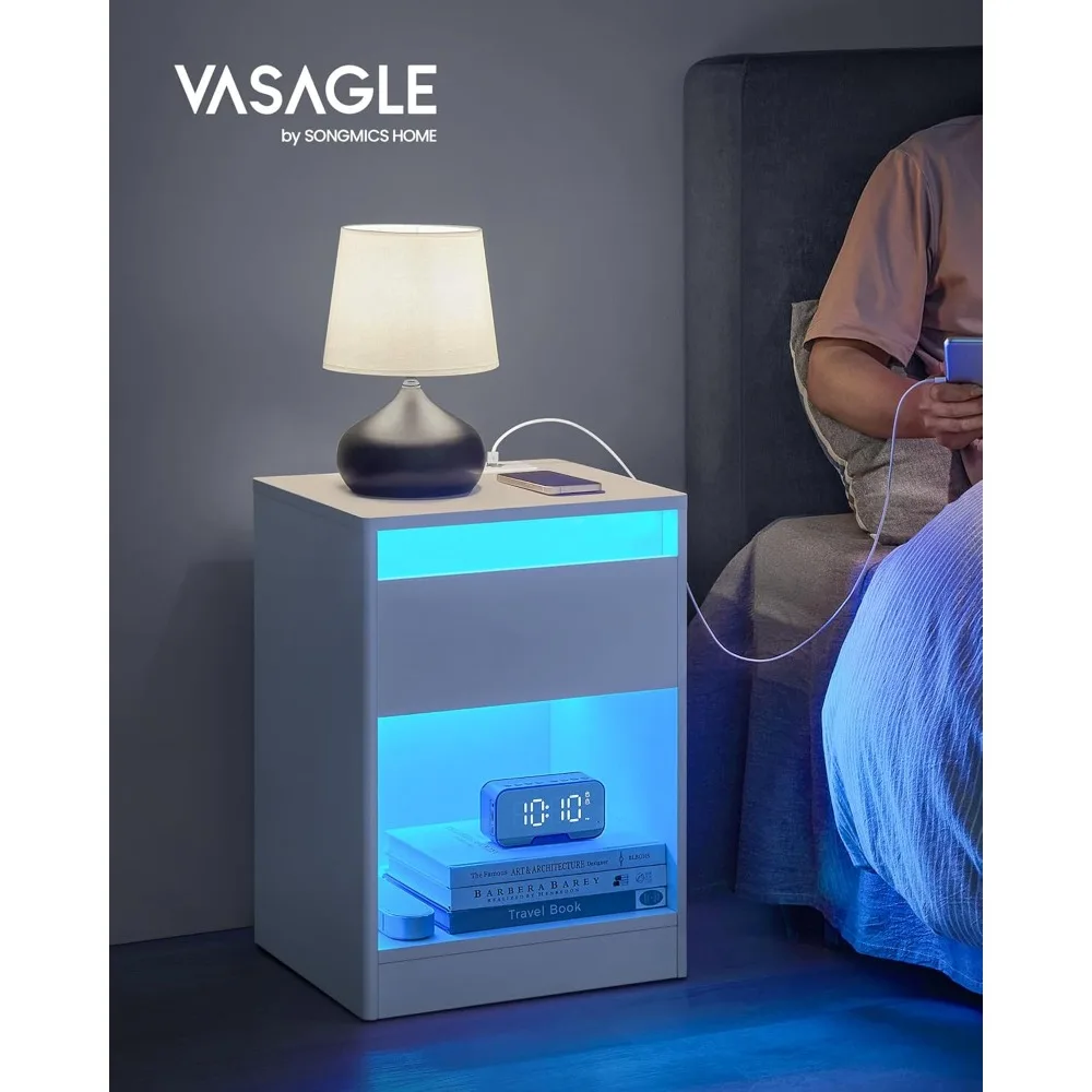 مجموعة kailyn - mesita de noche con estacional de carga، Mesa auxiliar con luces led ajustables، con cajón، 2 tomas ac، 2 puer #3