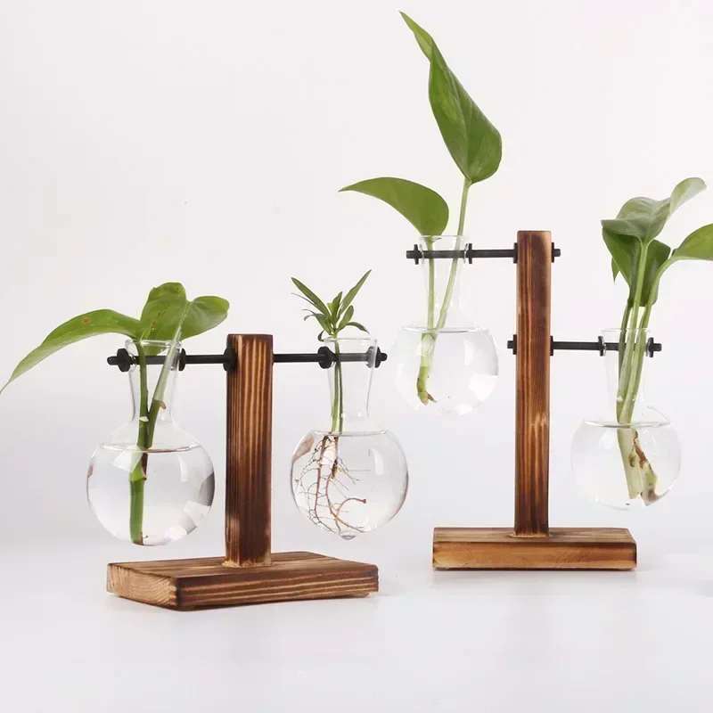 

Transparent Bulb Vase with Wooden Stand Desktop Glass Planter for Hydroponics Plants Coffee Shop Room Decor