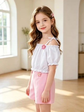K‑style Sweet Girls' Off‑Shoulder 2‑Piece Outfit, Ruffled Waist‑cinching Cropped Top with 3D Flower Decor & High‑waisted Shorts