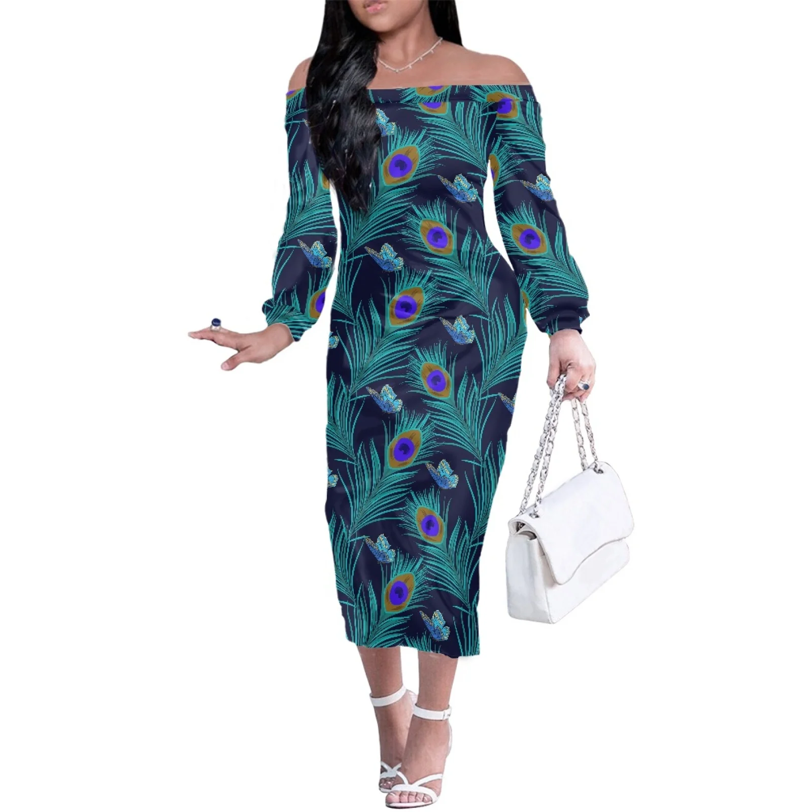 The Hot Selling Style Of The Feather Print Women Of Bohemia Long Sleeves And Bare Shoulders Luxury Dress Banquet Wedding