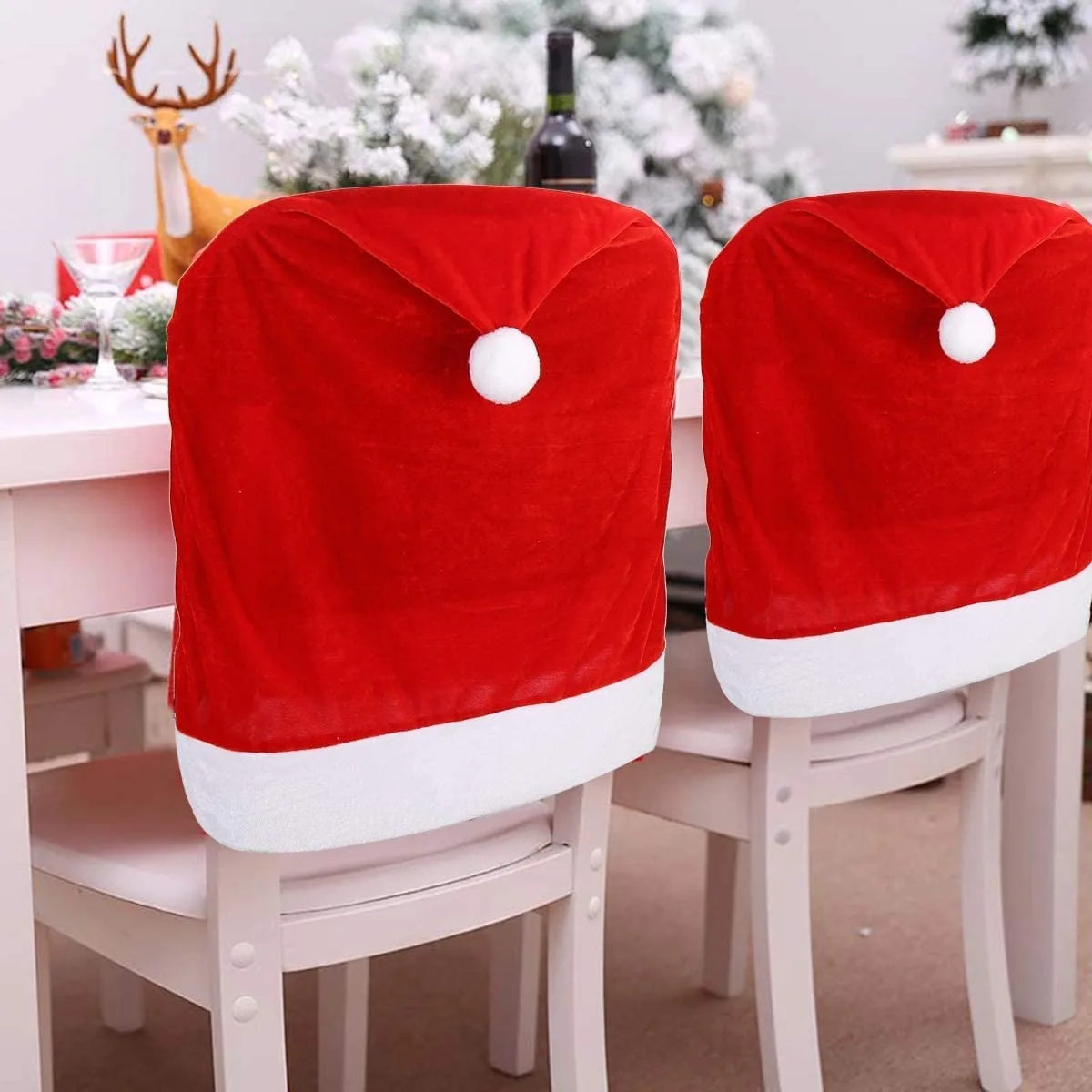 Red Hat Dining Chair Slipcovers Christmas Chair Back Covers Kitchen Chair for Xmas Festive Home Dinner Holiday Festival Decor