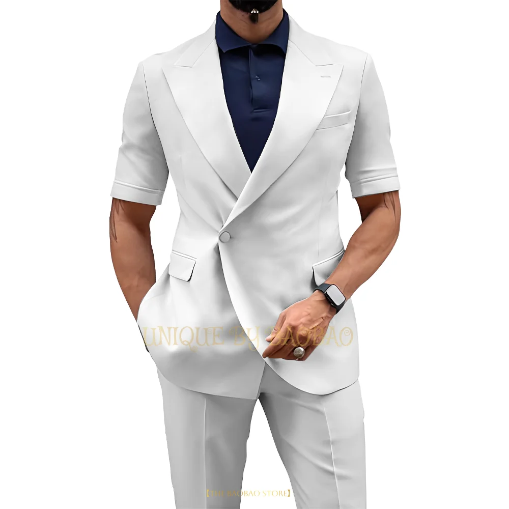 Men's summer 2-piece suit (jacket+pants) lake blue short-sleeved blazer wedding groom dance refreshing beach party custom tuxedo