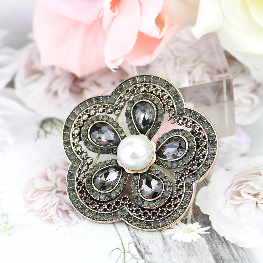 Sunspicems Vintage Gray Crystal Turkish Brooch Pin For Women Ethnic Bridal Jewelry Arab Hijab Scarf Broches Brooch Rhinestone