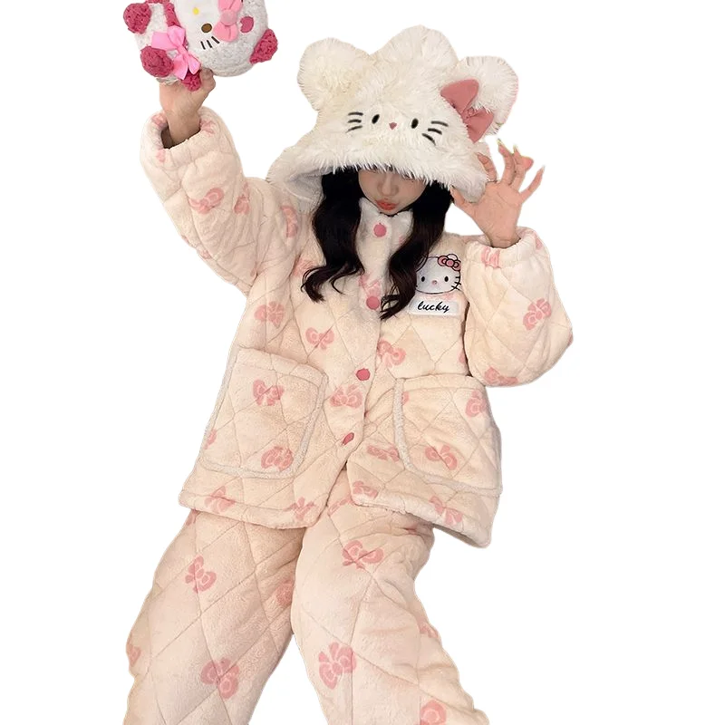 Hello Kitty Girl Pajamas Suit Winter Cartoon Thicken Keep Warm Child Coral Fleece Homewear Fashion Kawaii Flannel New Pajamas